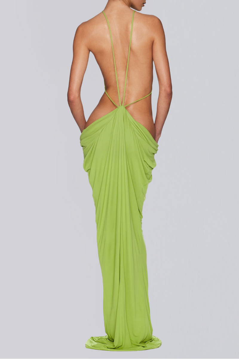 Sophie Backless Cutout Draped Maxi Dress In Chartreuse