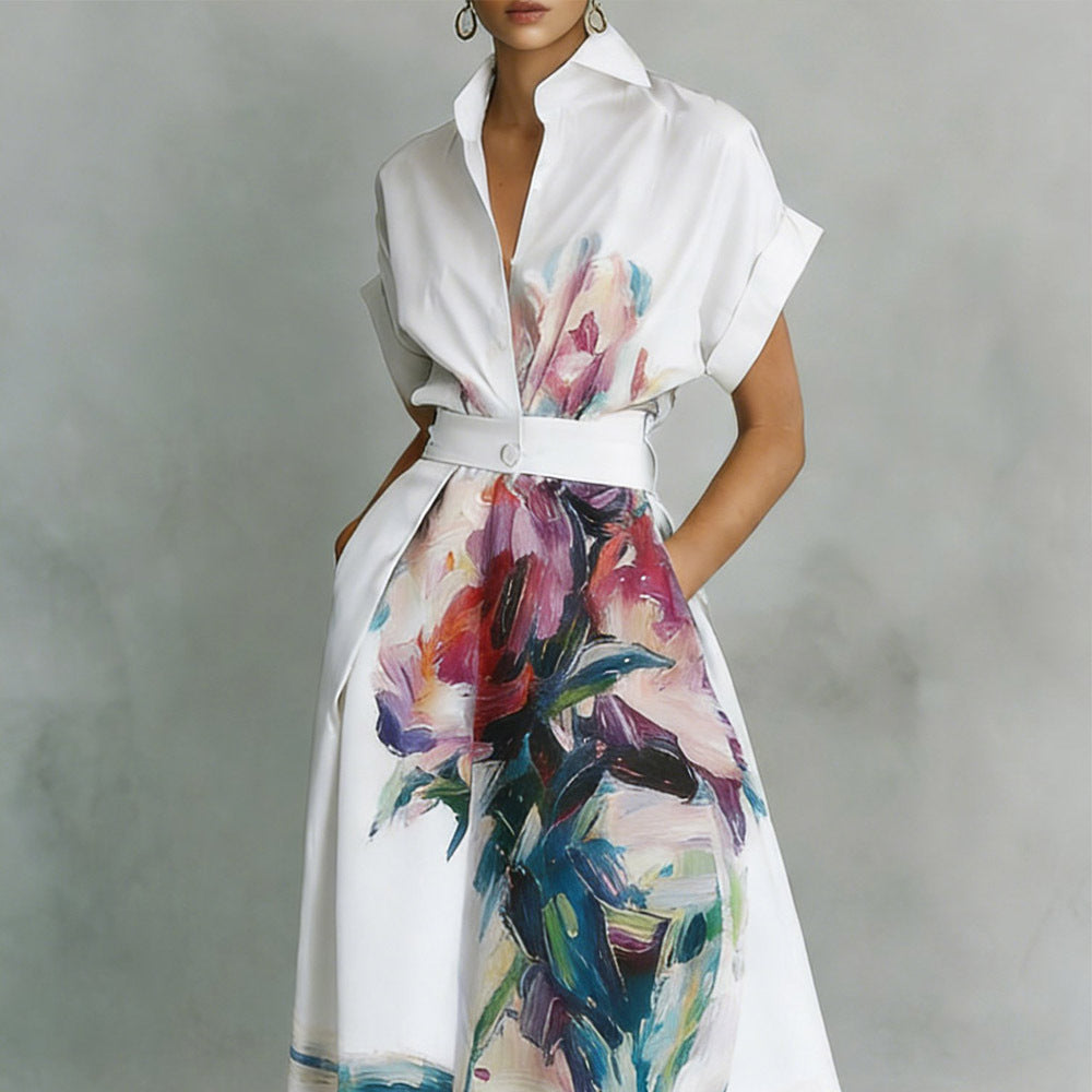 The Pacone Artistic Floral Print Polo Collar Shirt Dress