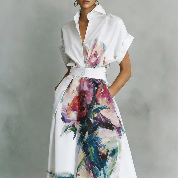 The Pacone Artistic Floral Print Polo Collar Shirt Dress