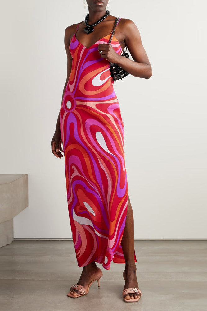 Rujoy V-Neck Spaghetti Strap Printed Midi Dress
