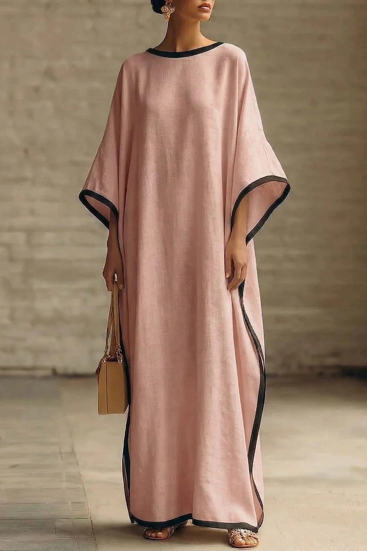 Falaphy Contrast Trim Batwing Loose Maxi Kaftan Dress