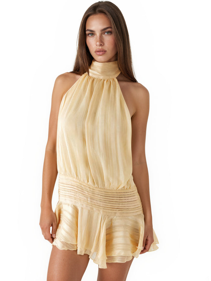 Tariqa Yellow Halterneck Pleated Chiffon Mini Dress