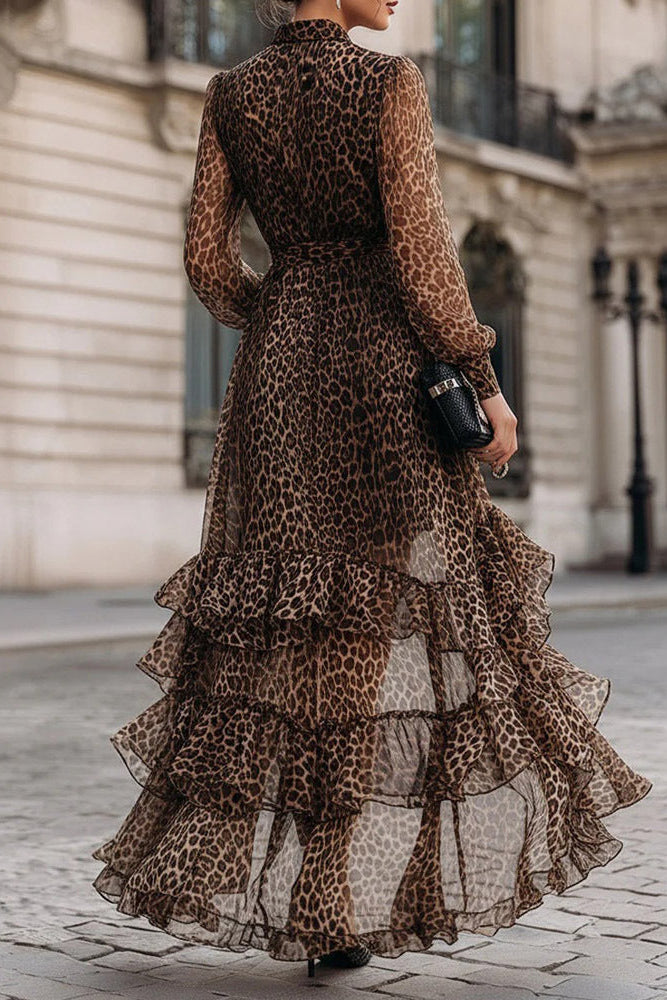 Alphoto Leopard Print V-Neck Ruffled Maxi Dress
