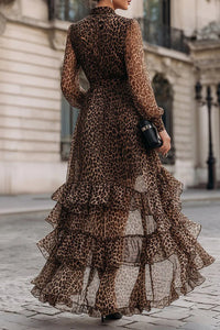 Alphoto Leopard Print V-Neck Ruffled Maxi Dress
