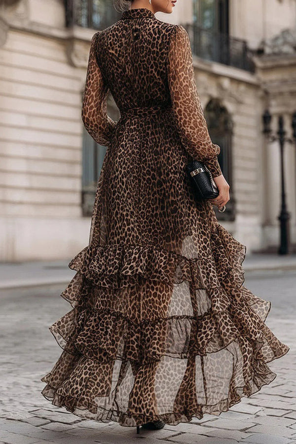 Alphoto Leopard Print V-Neck Ruffled Maxi Dress