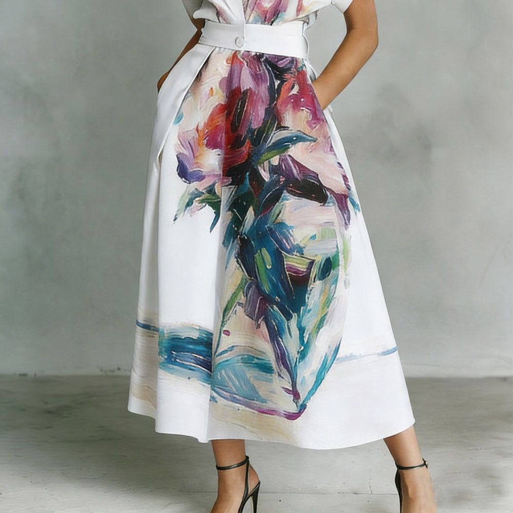 The Pacone Artistic Floral Print Polo Collar Shirt Dress