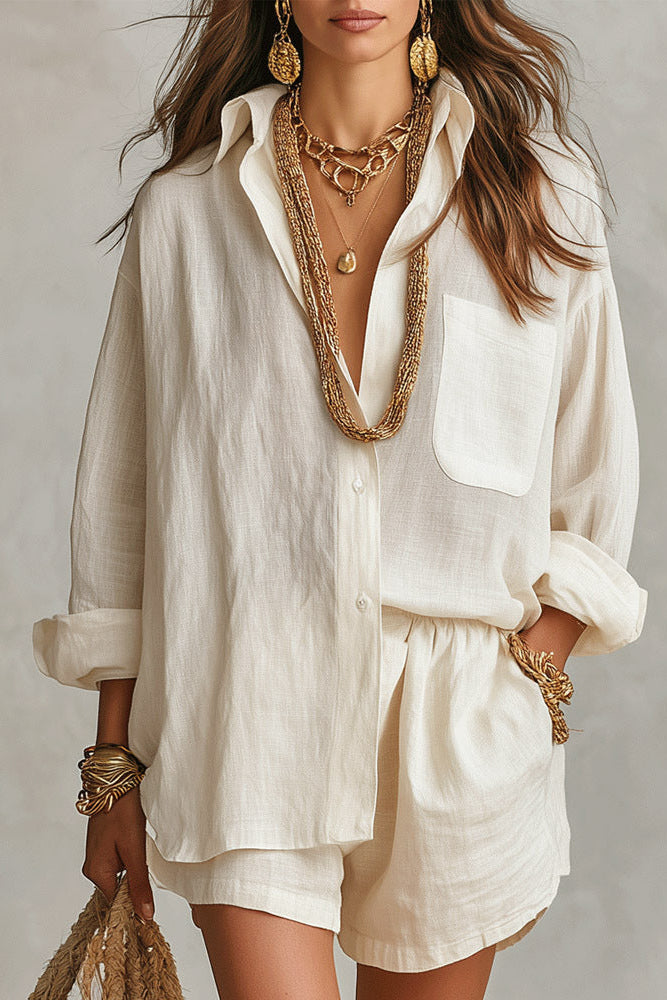 Gaiaps Oversized Shirt & Elastic Shorts Two-Piece Set