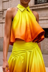 Bobdi Gradient Halter Top& Ruched Flared Skirt Set