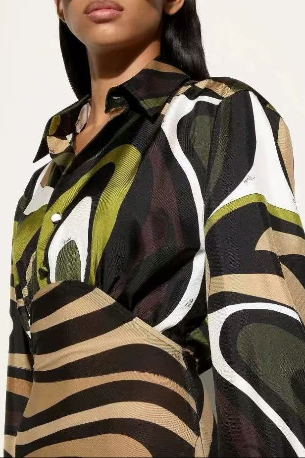 Solveig Abstract Swirl Print Shirt & Bodycon Mini Skirt Set