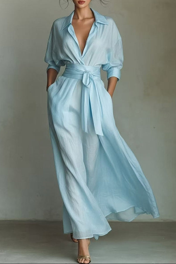 Yejosh Belted Waist Shirt Maxi Dress