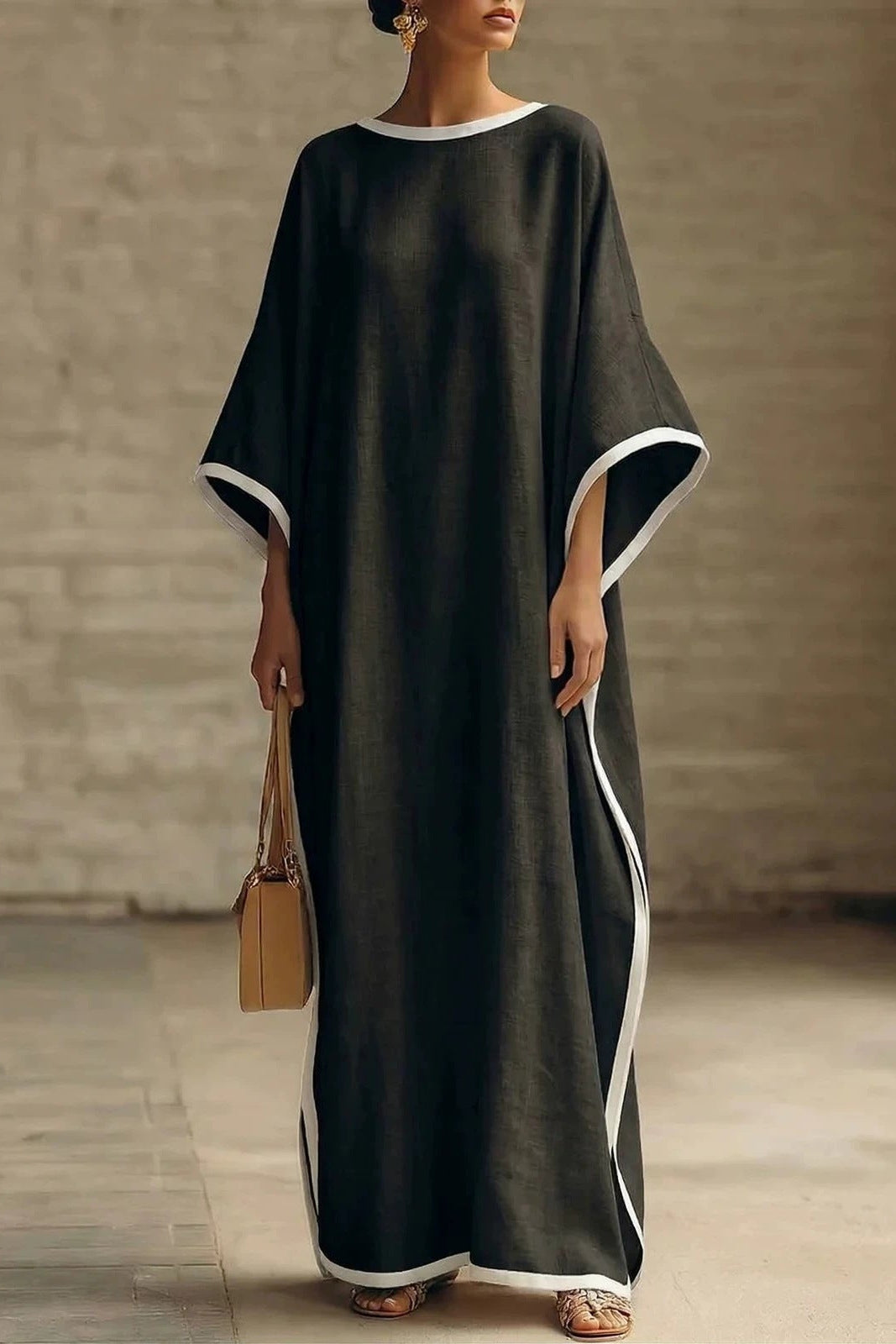 Falaphy Contrast Trim Batwing Loose Maxi Kaftan Dress