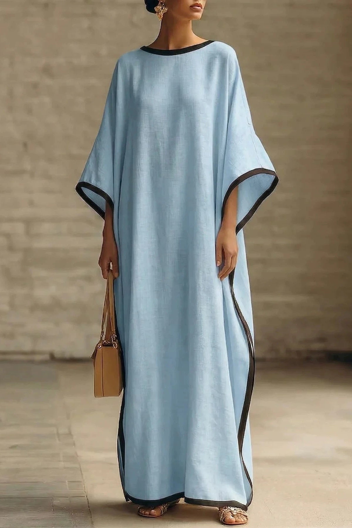Falaphy Contrast Trim Batwing Loose Maxi Kaftan Dress