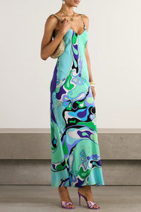 Rujoy V-Neck Spaghetti Strap Printed Midi Dress