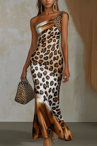Qurelle One-Shoulder Leopard Print Midi Dress