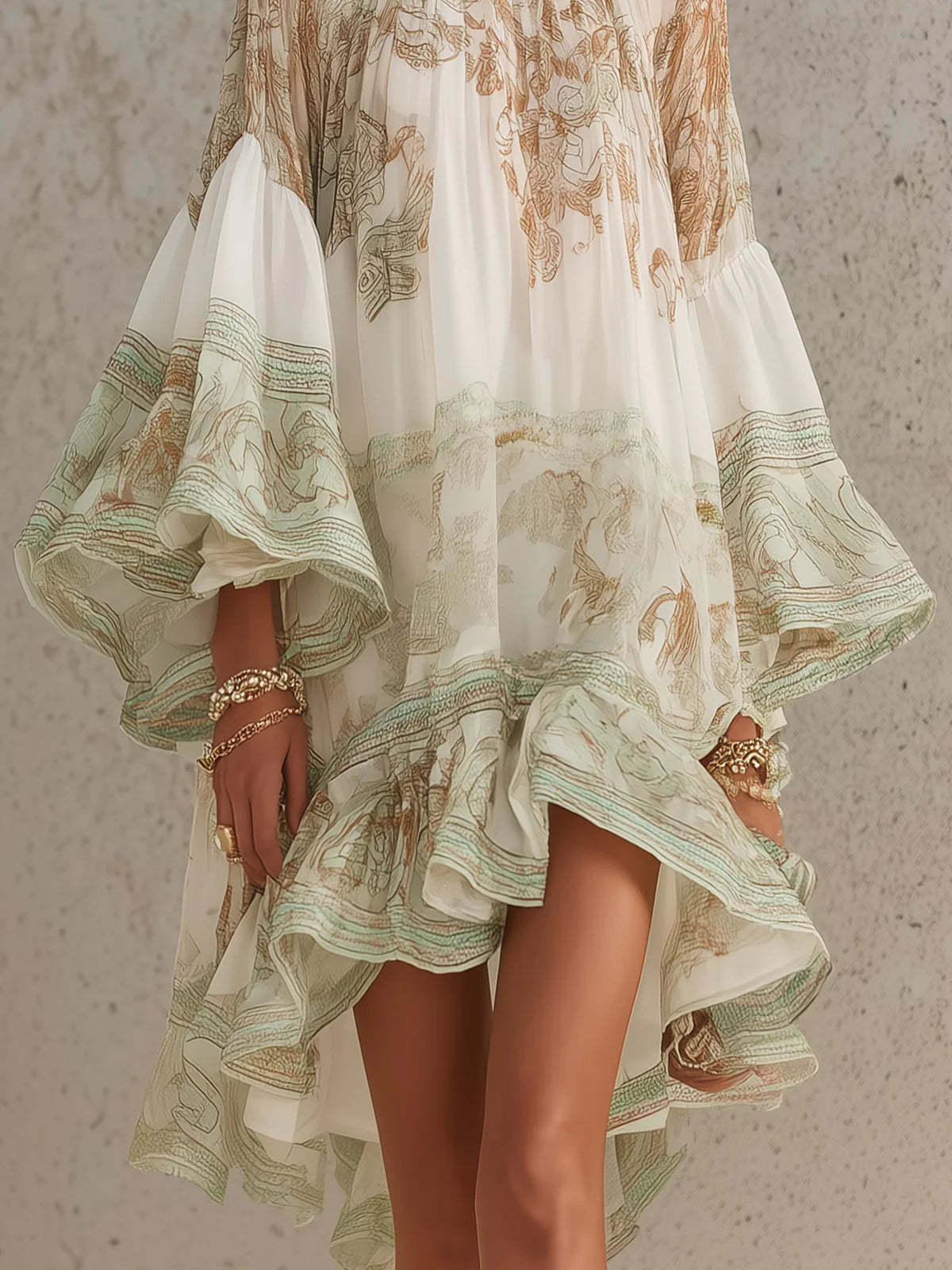 Hermanus Bell Sleeve Print Ruffle Mini Dress