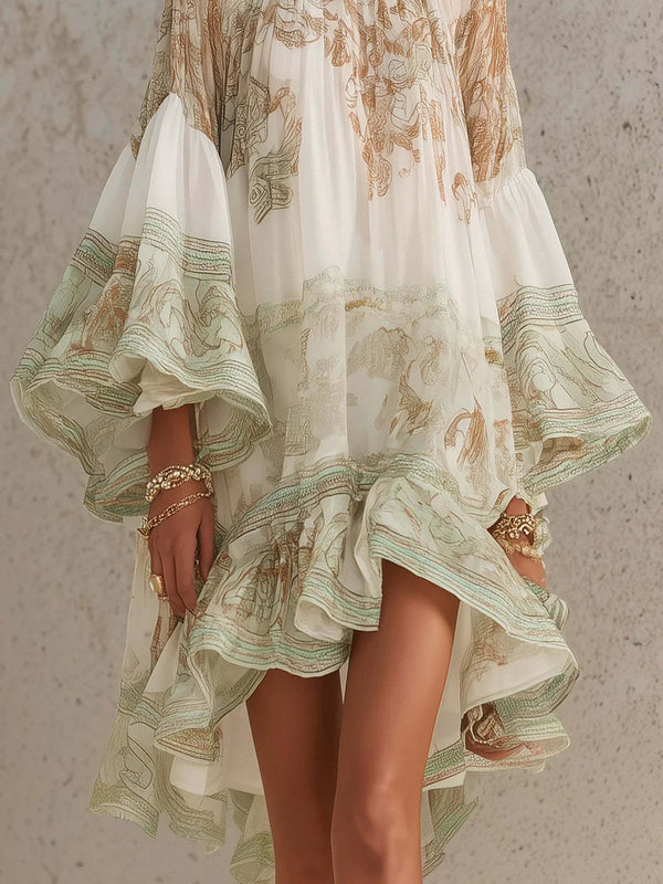 Hermanus Bell Sleeve Print Ruffle Mini Dress