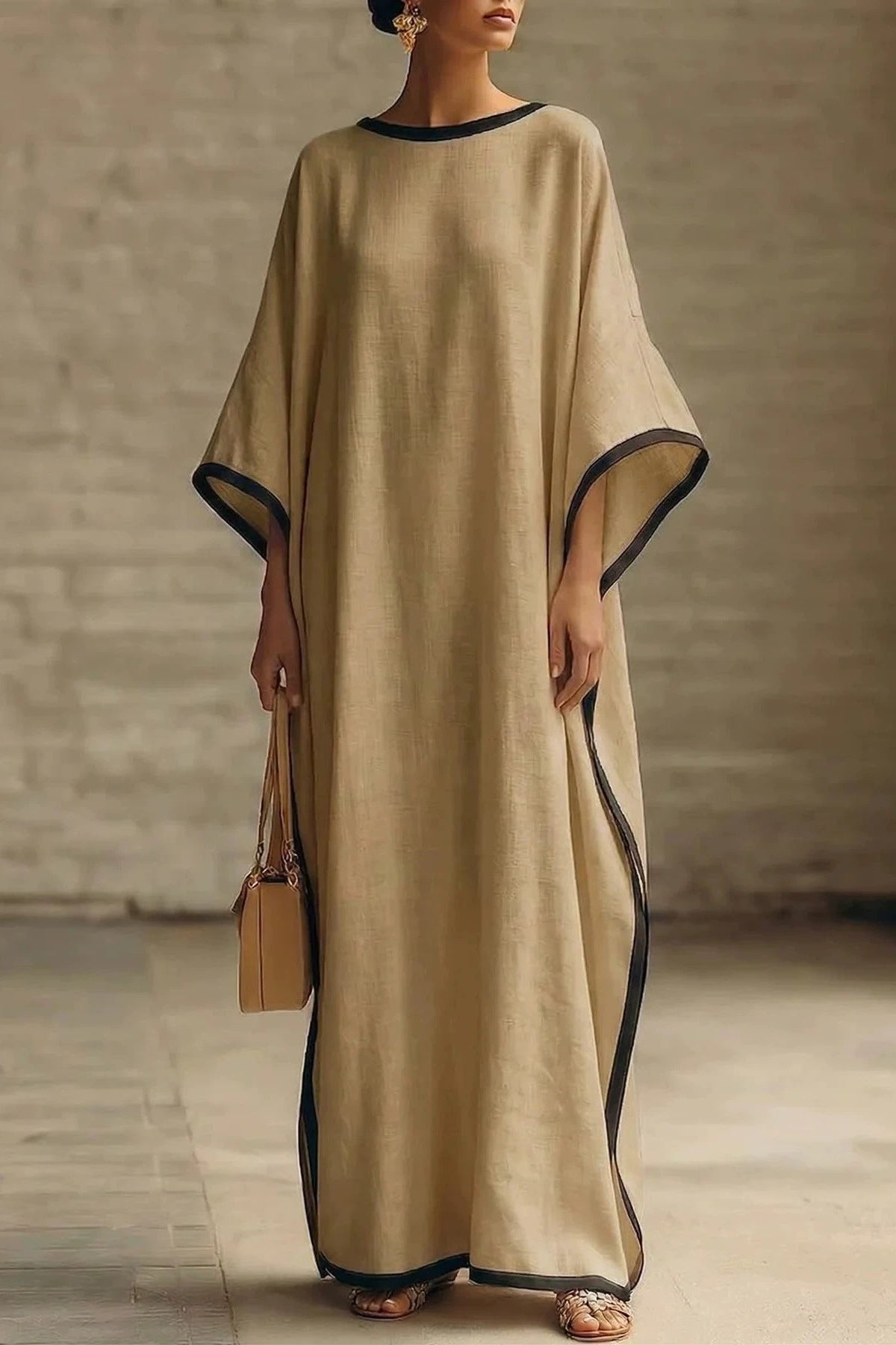 Falaphy Contrast Trim Batwing Loose Maxi Kaftan Dress