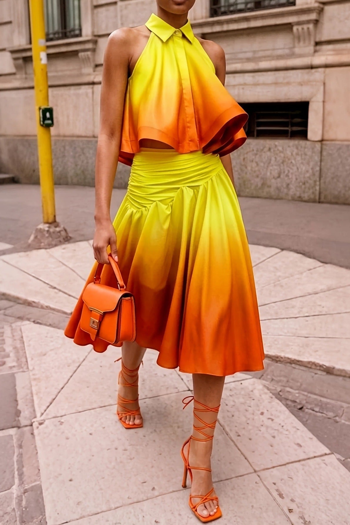 Bobdi Gradient Halter Top& Ruched Flared Skirt Set