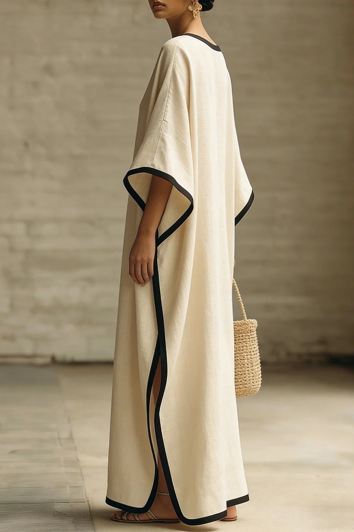 Falaphy Contrast Trim Batwing Loose Maxi Kaftan Dress