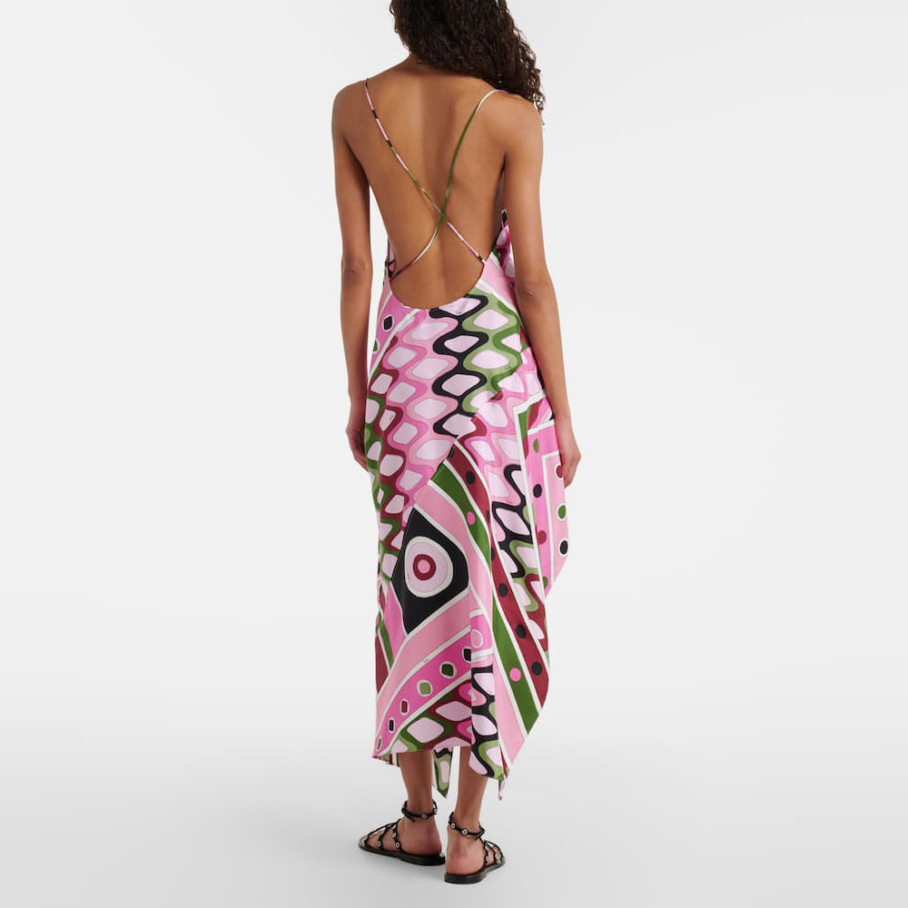 Maeley Geometric Print V-Neck  Irregular Midi Dress