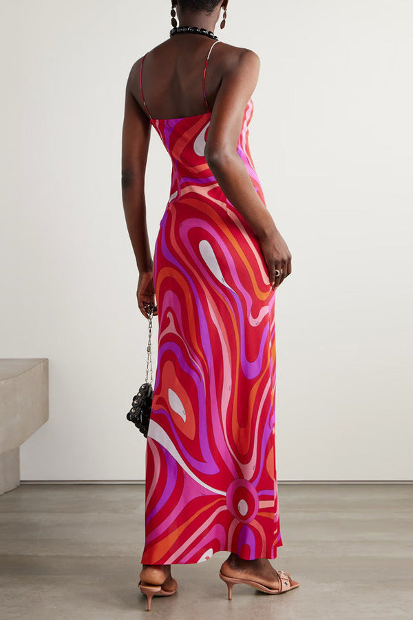 Rujoy V-Neck Spaghetti Strap Printed Midi Dress