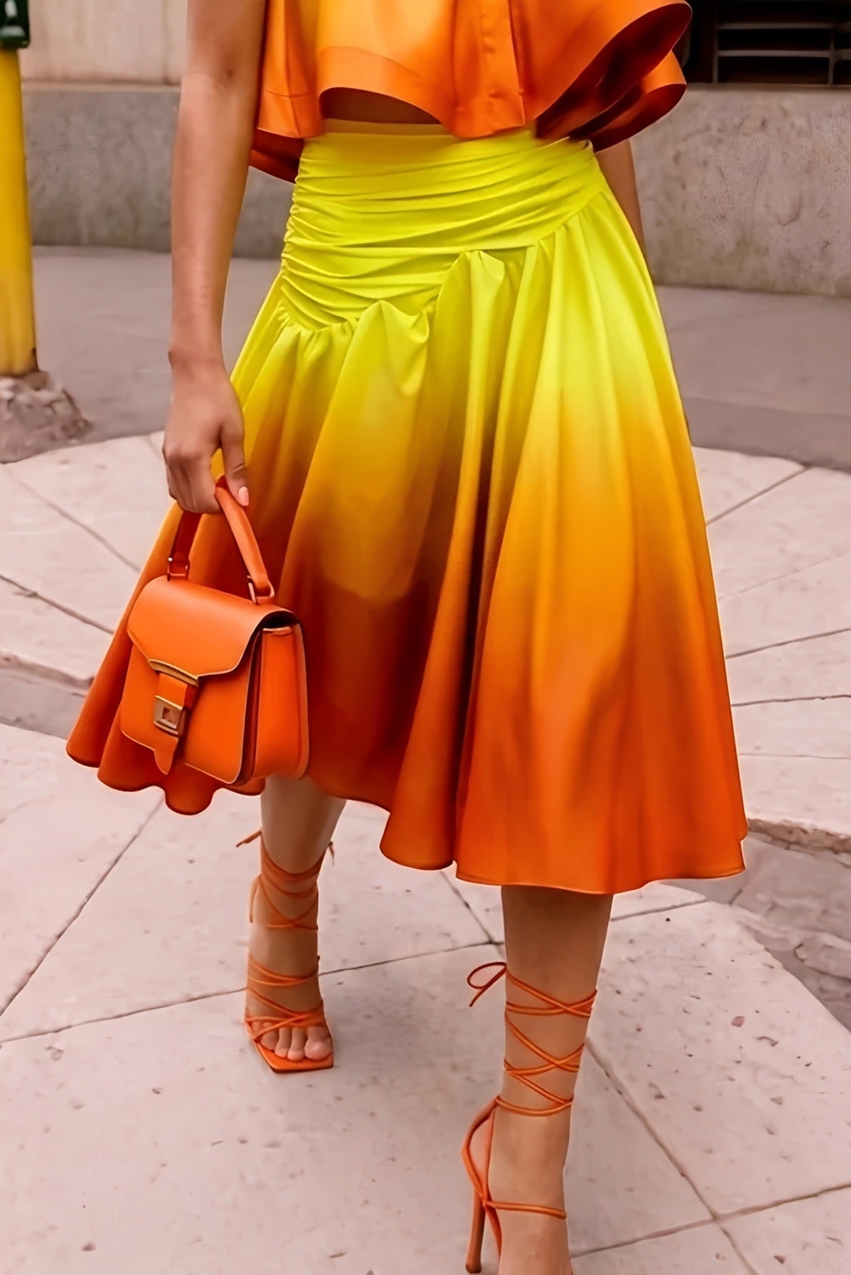Bobdi Gradient Halter Top& Ruched Flared Skirt Set