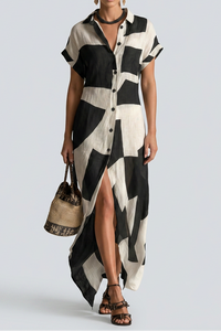 Gosphy Geometric Print Maxi Shirt Dress with Lapel Collar