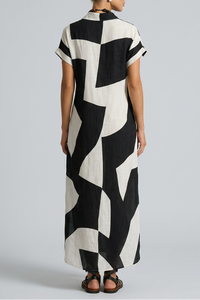 Gosphy Geometric Print Maxi Shirt Dress with Lapel Collar