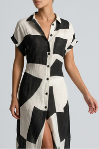 Gosphy Geometric Print Maxi Shirt Dress with Lapel Collar