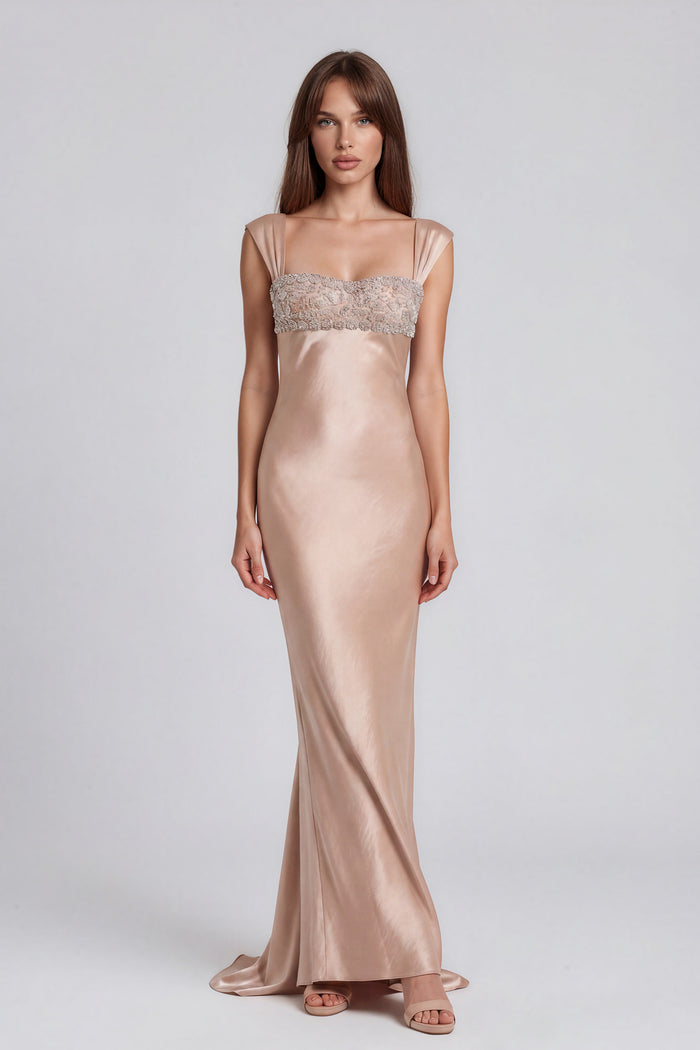 Fallon Sleeveless Rhinestone Satin Maxi Dress