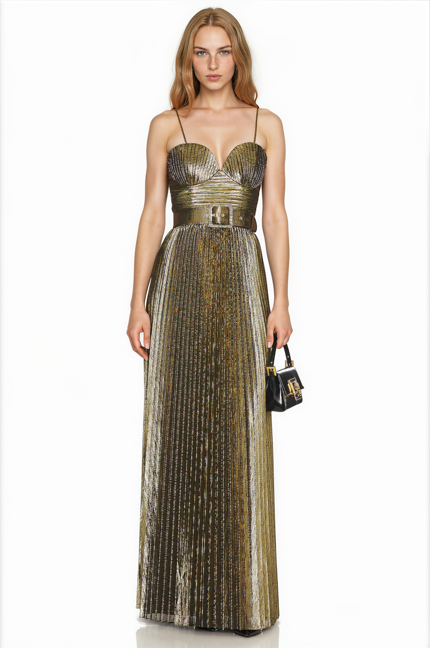 Cabdullaahi Spaghetti Pleated Metallic Maxi Dress