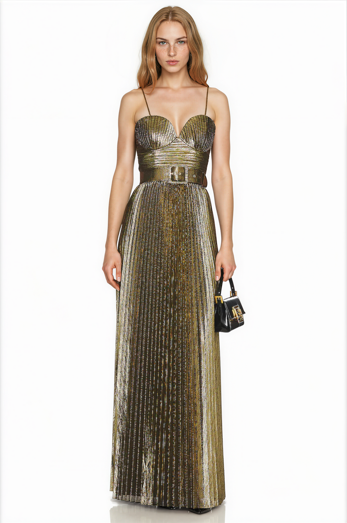 Cabdullaahi Spaghetti Pleated Metallic Maxi Dress