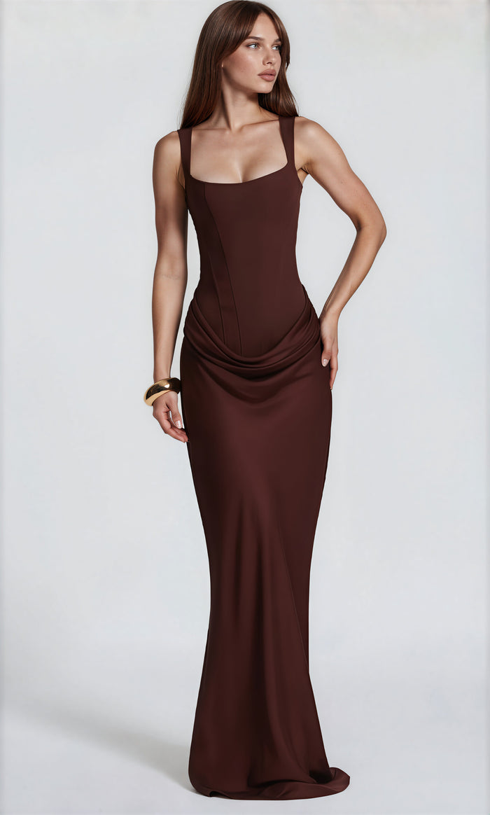 Balisola Brown Ruched Corset Maxi Dress