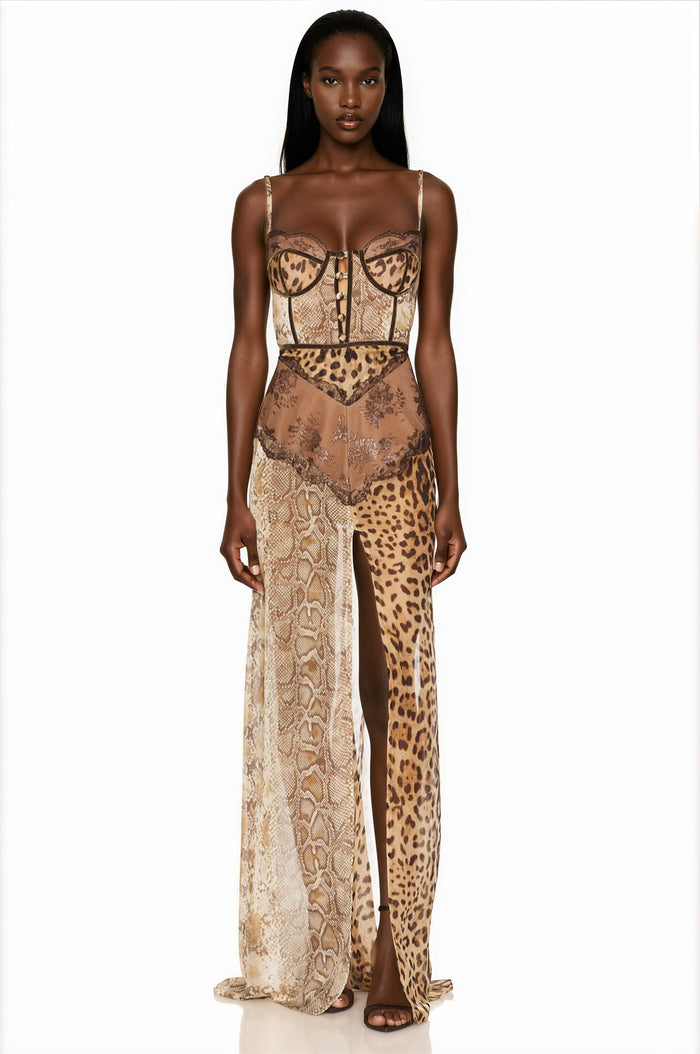 Buleycosmo Splicing Lace Split Leopard Print Maxi Dress