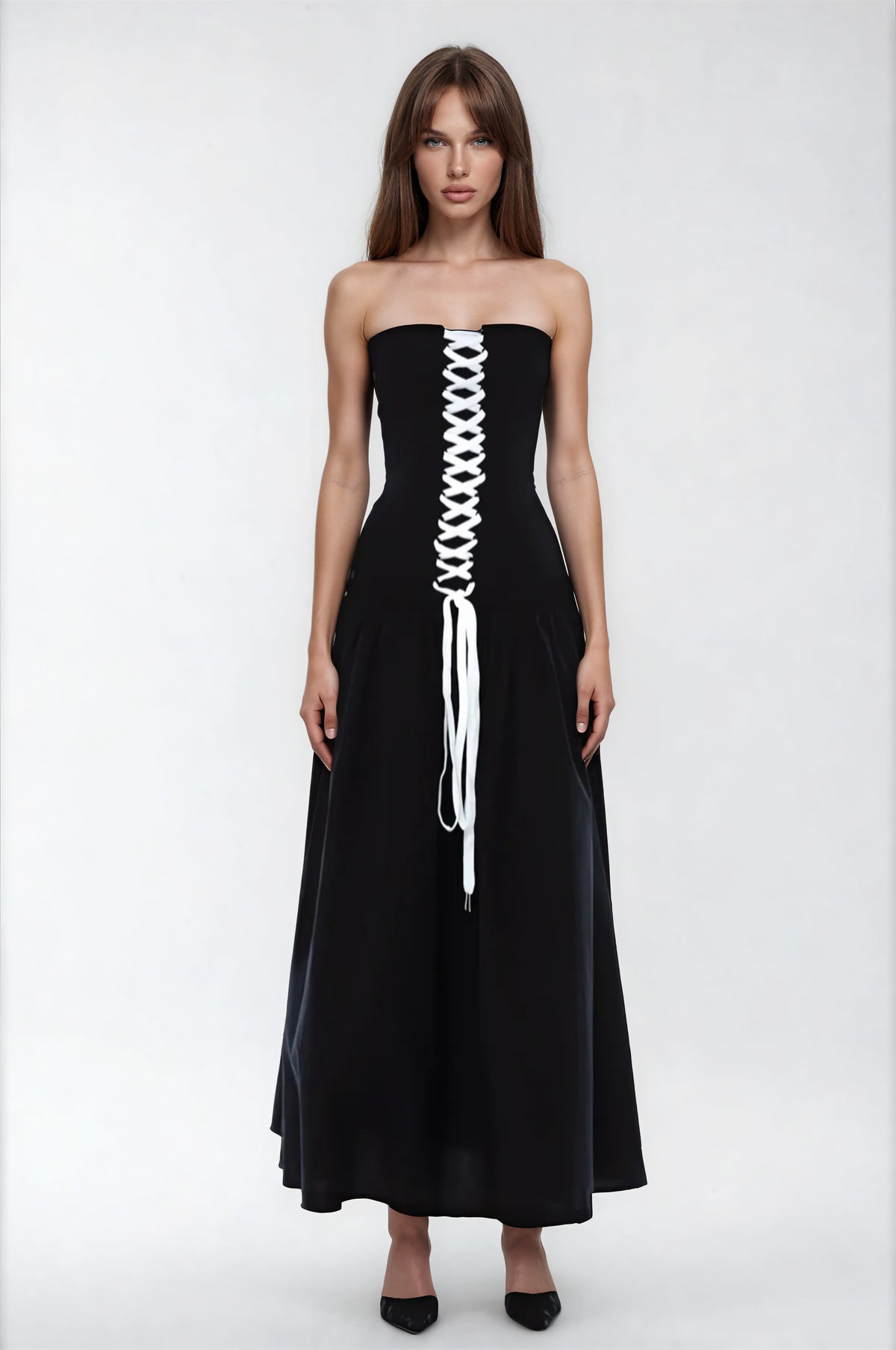 Anoush Lace Up Strapless Maxi Dress