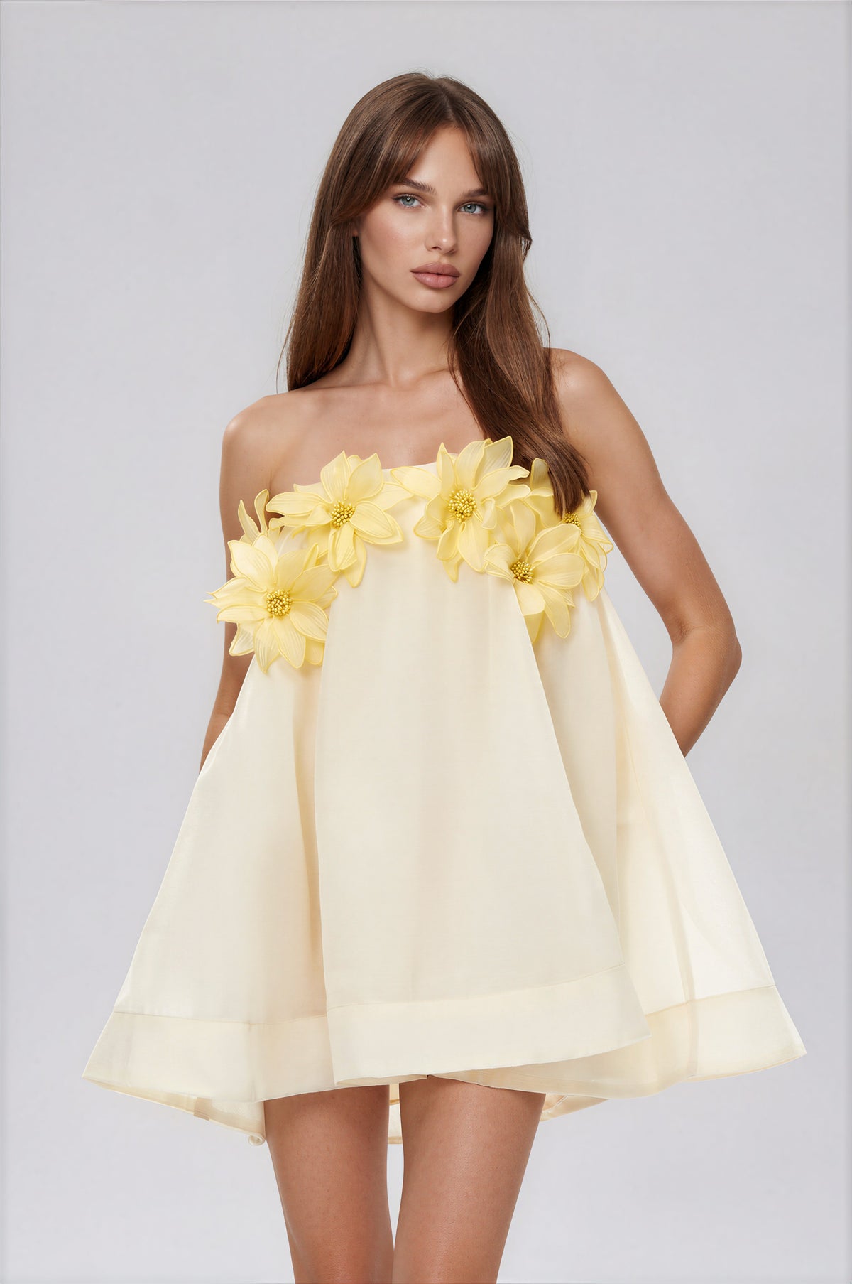 Goril Yellow Off-Shoulder Mini Dress with 3D Florals