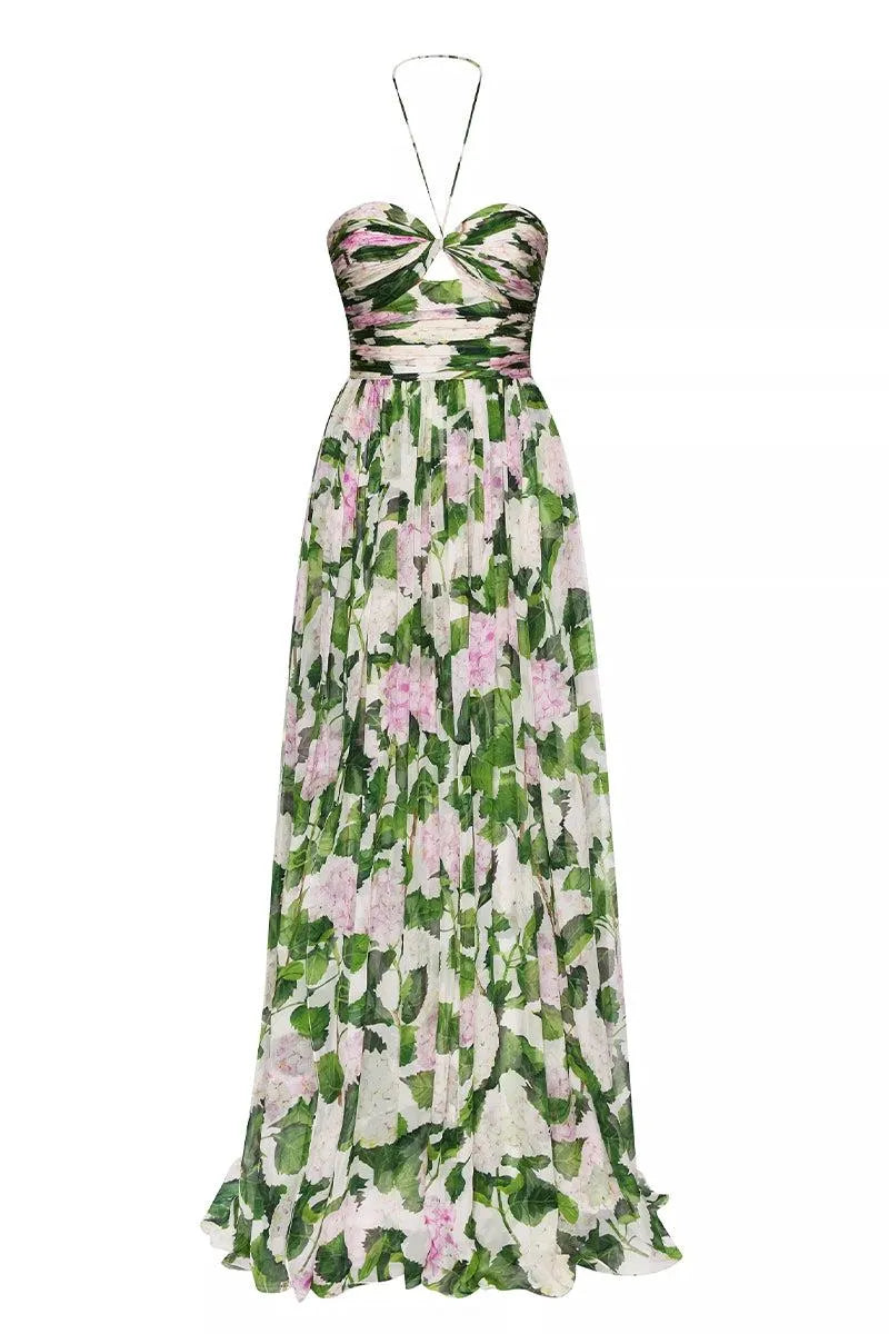 Oshato Floral Off-Shoulder Halter Neck Pleat Maxi Dress