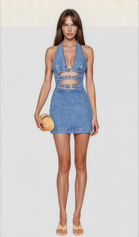 Donaldina Halter Neck Cutout Buckle Denim Mini Dress