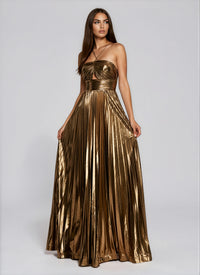 Juliette Halterneck Split Pleated Metallic Maxi Dress In Antique Gold