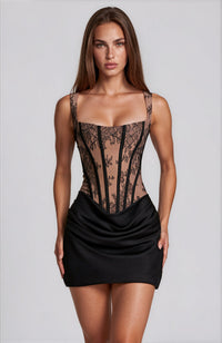 Zofia Black Ruched Mini Dress with Lace Panels