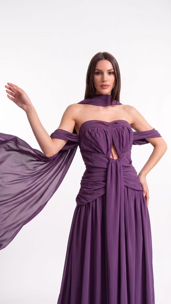 Amélie Off Shoulder Ruch Scarf Maxi Dress In Purple
