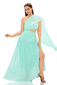 Kallistos Mint Green Asymmetrical Pleated Maxi Dress