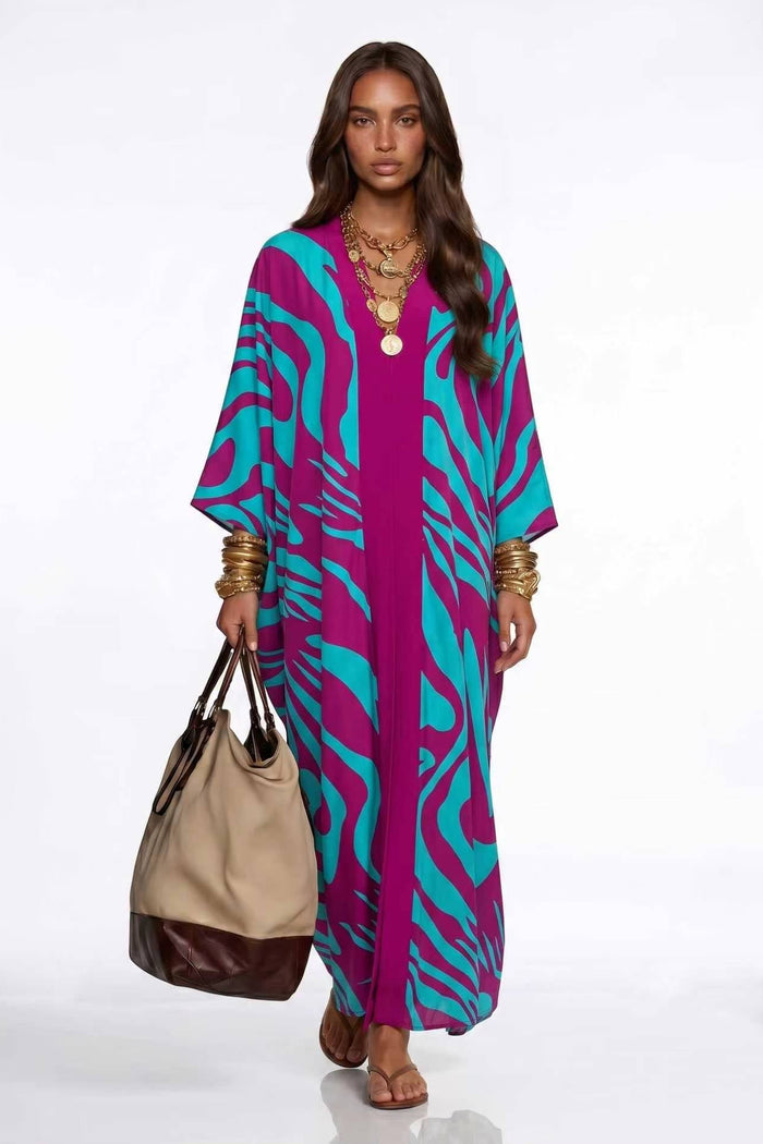 Kalawes Bold Abstract Print Loose Kaftan Maxi Robe