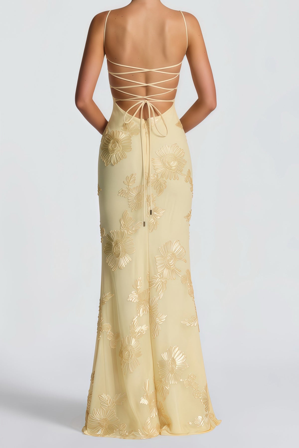 Bernice Yellow Floral Appliqué Corset Maxi Dress