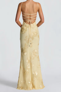 Bernice Yellow Floral Appliqué Corset Maxi Dress