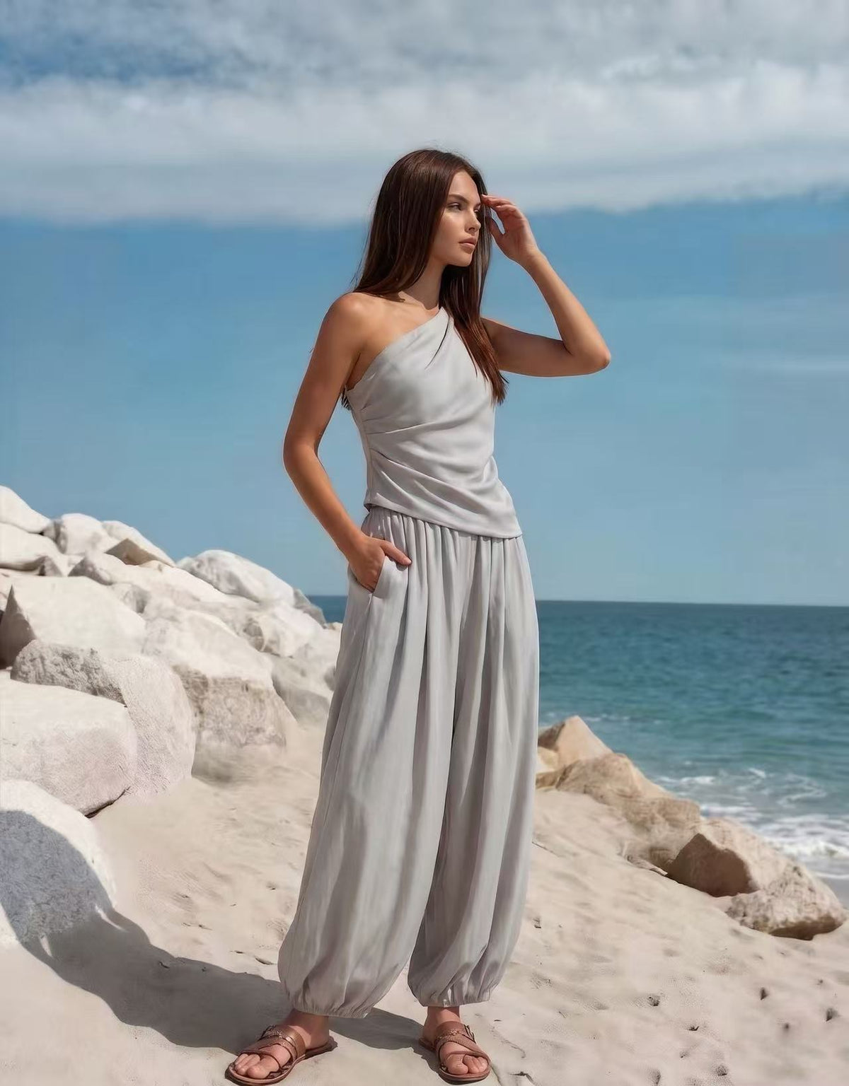 The Melesio One-Shoulder Top & Balloon Pants Set in Four Color