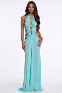 Invidia Plunge Backless Cutout Maxi Dress In Turquoise