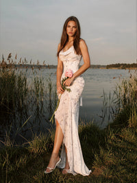 Idolimini Cowl Neck Asymmetric Ruffle Maxi Dress