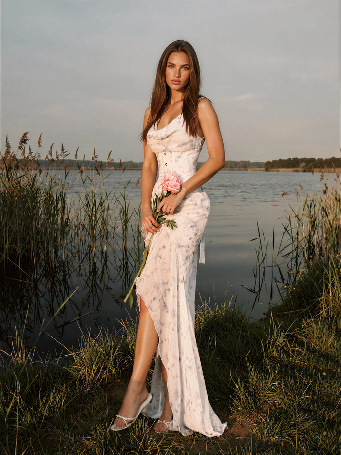 Idolimini Cowl Neck Asymmetric Ruffle Maxi Dress