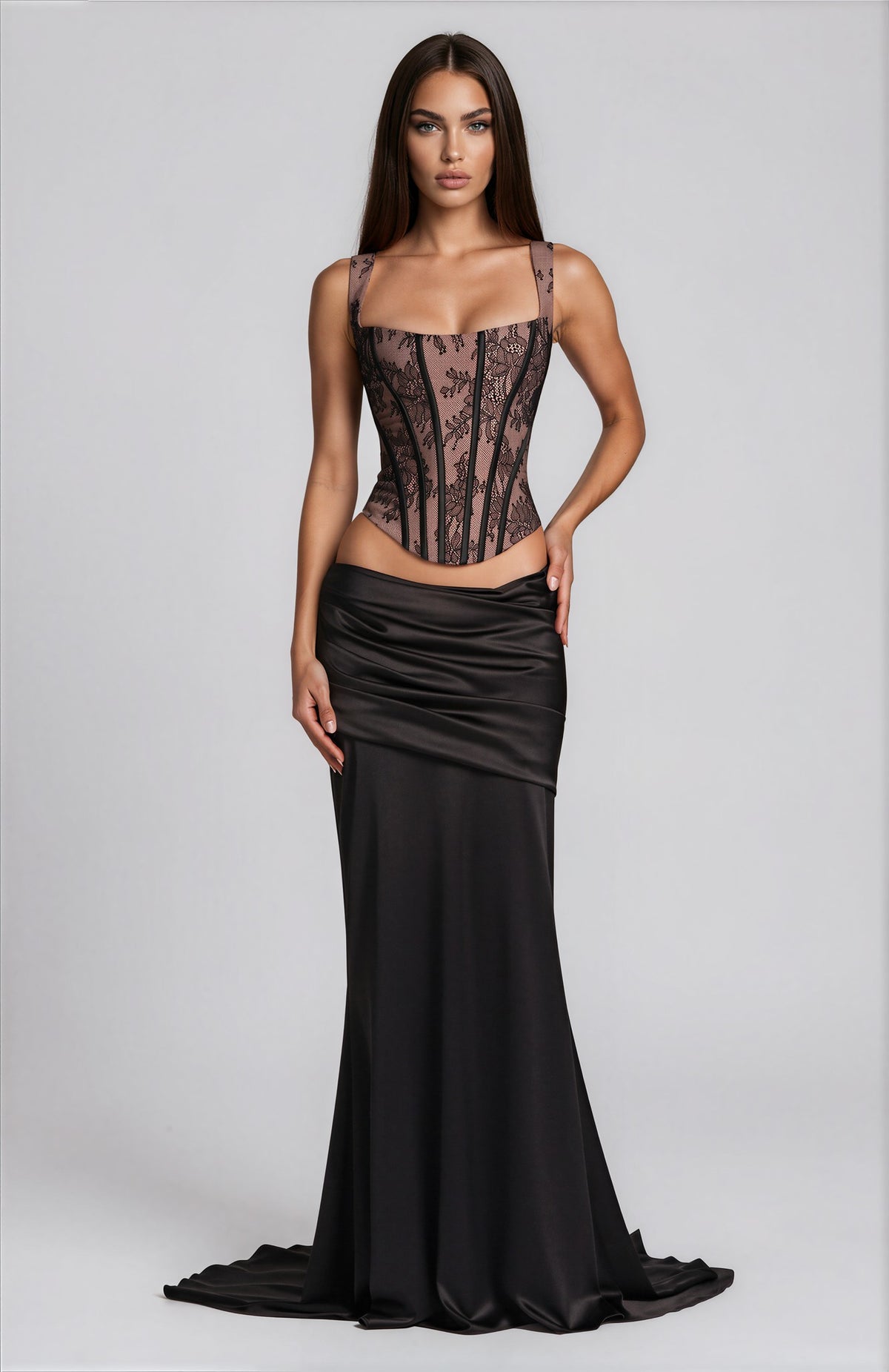 Bluma Black Lace Top & Ruched Skirt Set